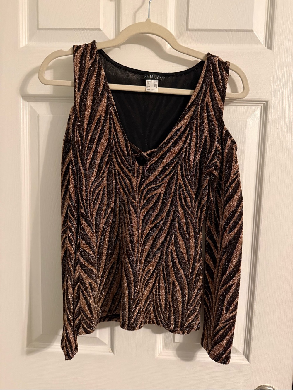 VENUS Metallic Brown and Black V-Neck Cold-Shoulder Top
